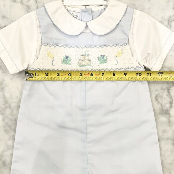 Petit Ami Boys Birthday Blue Smocked Embroidered Jon Jon 2-Piece Romper 24 Mths - Picture 9 of 10